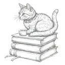 A detailed pencil sketch of a cat lounging on a stack of art books surrounded by coffee cups tattoo design idea