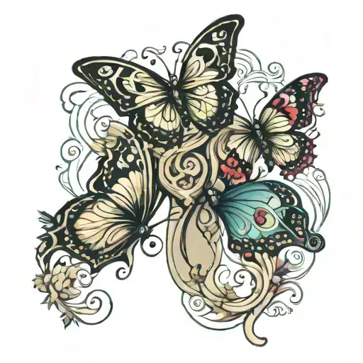 three butterflies with a semi colon, cross, and dance shoe  tattoo design idea