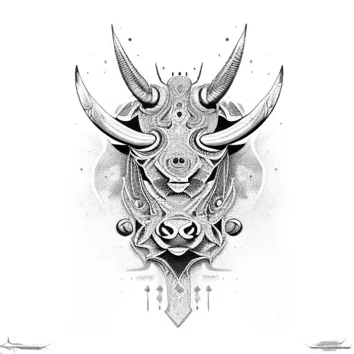 A fierce bull in shades of yellow and blue, with intricate dotwork detailing. tattoo design idea