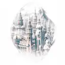 Incorporate elements from Assassins Creed and a steam train into a futuristic cityscape design tattoo design idea