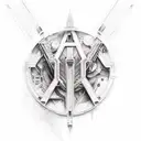 Incorporate elements from Assassins Creed and a steam train into a futuristic cityscape design tattoo design idea