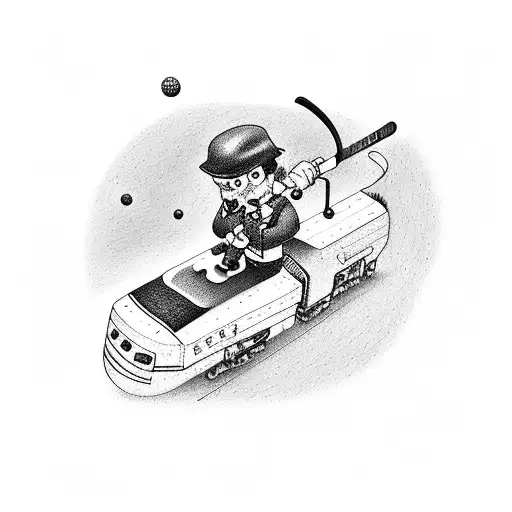 Train conductor holding a hockey stick tattoo design idea