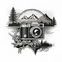 A camera with rays of light coming out in the form of the number 777, with mountain-like landscapes visible in the background tattoo design idea