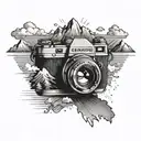 A camera with rays of light coming out in the form of the number 777, with mountain-like landscapes visible in the background tattoo design idea