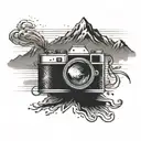 A camera with rays of light coming out in the form of the number 777, with mountain-like landscapes visible in the background tattoo design idea