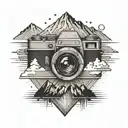 A camera with rays of light coming out in the form of the number 777, with mountain-like landscapes visible in the background tattoo design idea