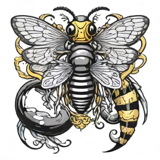 queen bee yin Yang in belly horse head to the left wings out right tattoo design idea