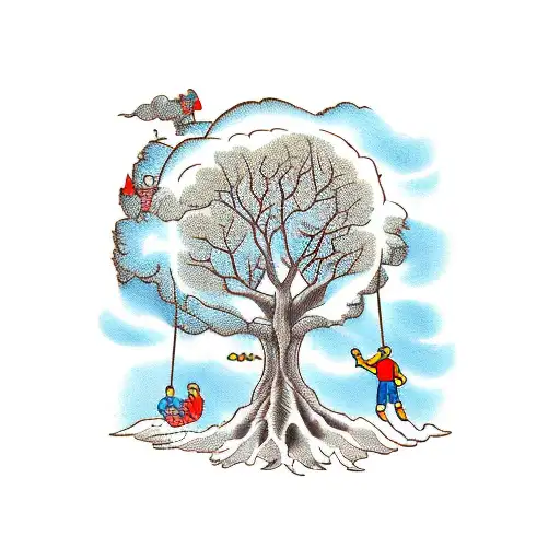 tree with swinging kid pushed by father and a bystander mother accompanied by 3 dogs tattoo design idea