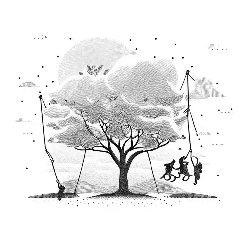 tree with swinging kid pushed by father and a bystander mother accompanied by 3 dogs tattoo design idea