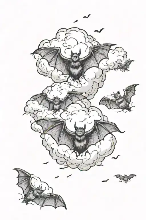 realistic clouds and bats flying tattoo design idea