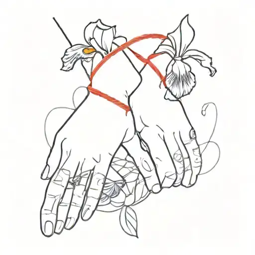 pinky swear wrapping in red string with iris flowers around tattoo design idea