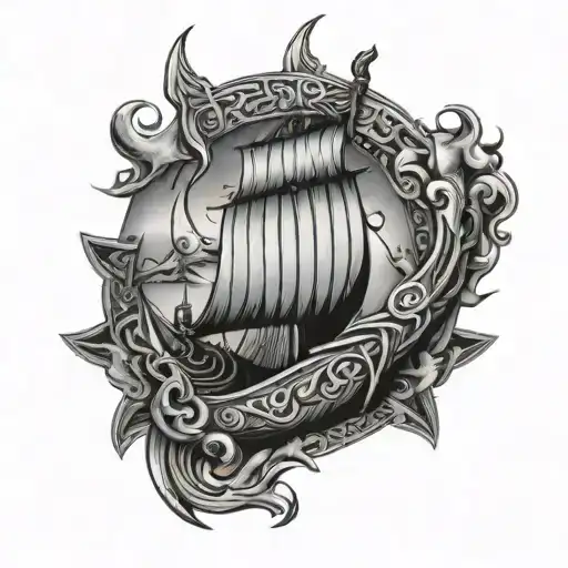 viking ship and wayfinder symbol incorporated in arm sleeve tattoo design idea