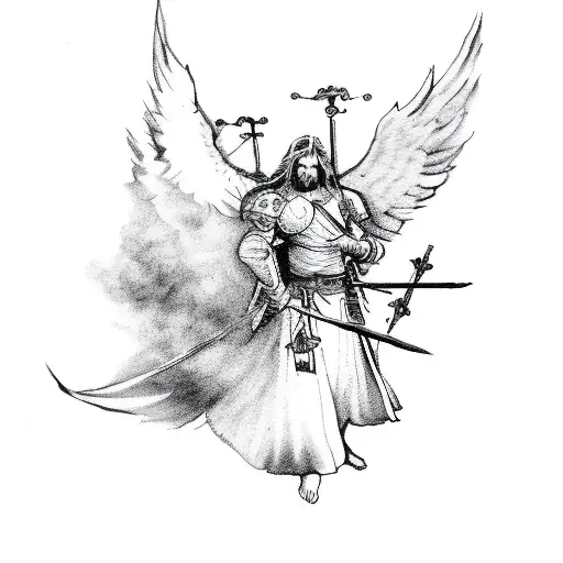 An flying angel with seven swords and a cup in his left hand in the clouds tattoo design idea