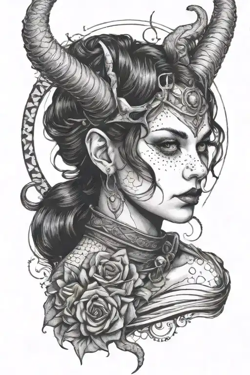 goth girl with horns wrapped tattoo design idea