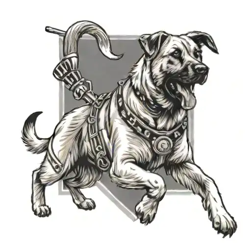 A kangal dog leading a marching band of soldiers, symbolizing loyalty and leadership tattoo design idea