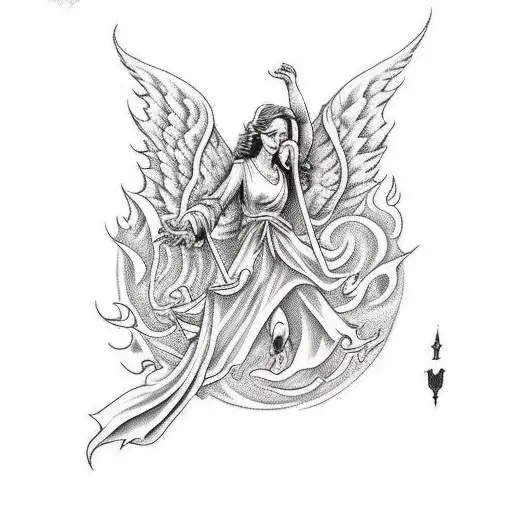 A full sleeve with a Angel above a demon surrounded by hell fire tattoo design idea