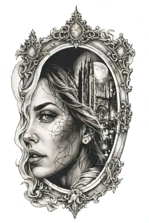 a woman's face passing through night street, transparent, cathedral window in the background tattoo design idea