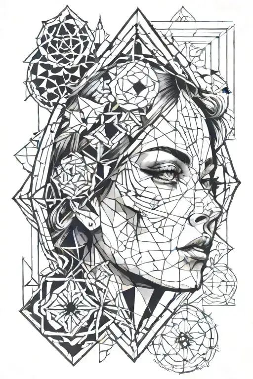 a woman's face passing through geometric shapes, transparent, cathedral window in the background tattoo design idea