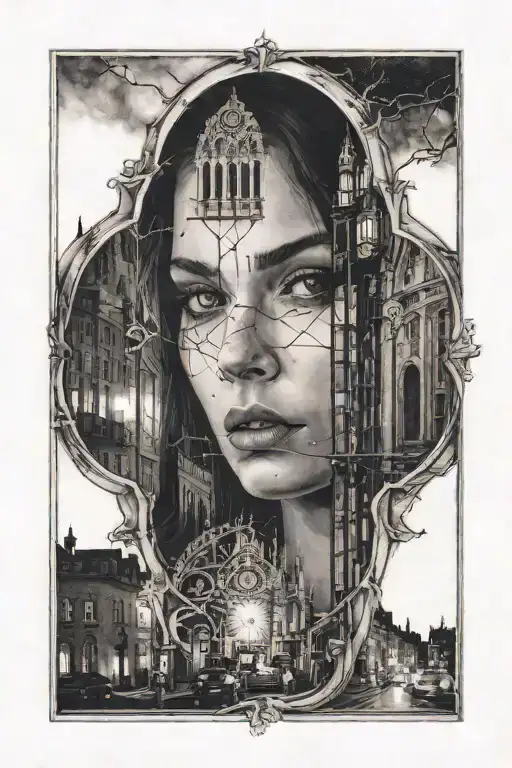 a woman's face passing through night street, transparent, cathedral window in the background tattoo design idea