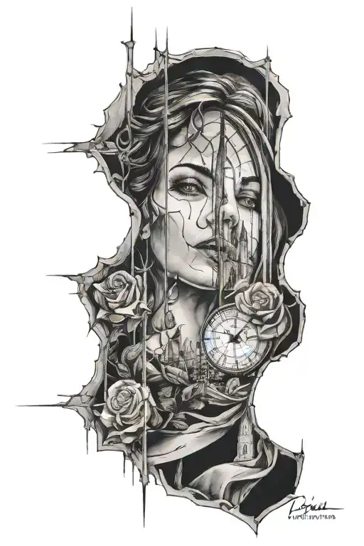 a woman's face passing through night street, transparent, cathedral window in the background tattoo design idea