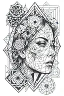 a woman's face passing through geometric shapes, transparent, cathedral window in the background tattoo design idea