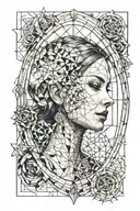 a woman's face passing through geometric shapes, transparent, cathedral window in the background tattoo design idea