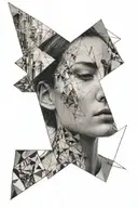 a woman's face passing through geometric shapes, transparent, cathedral window in the background tattoo design idea