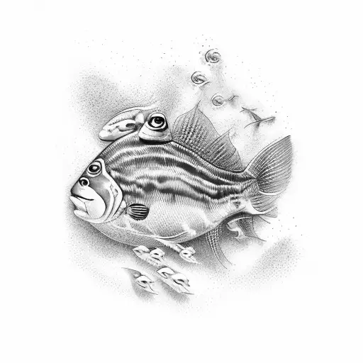 A mesmerizing underwater scene featuring various marine creatures in a dotwork style tattoo design idea