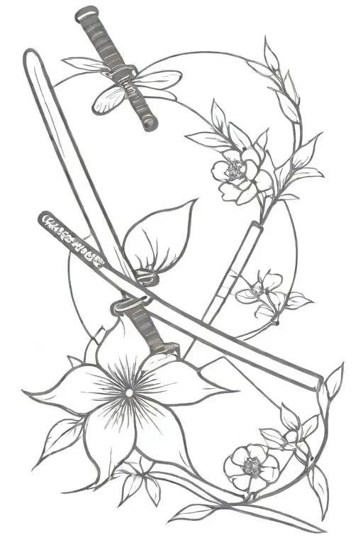 linear tatto with katana and flowers  japanese style minimalistic  tattoo design idea