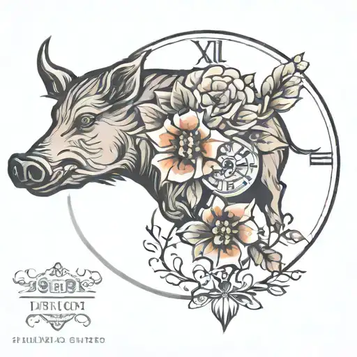 Boars clock Decembers month flower tattoo design idea