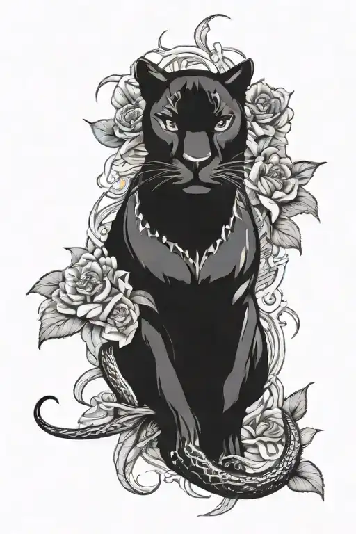 black panther with flowers and snakes wrapped tattoo design idea