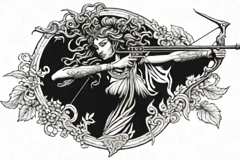 Greek Goddess Artemis shooting bow at medusa  tattoo design idea