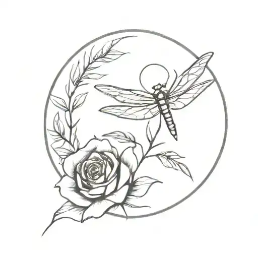 dragonfly rose and moon intertwined tattoo design idea