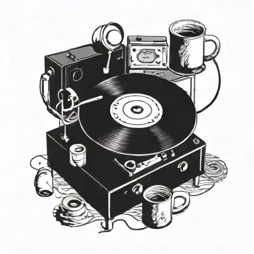 A cozy room with a record player and coffee mug as the centerpiece tattoo design idea