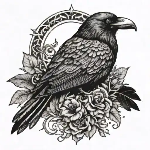 Incorporate symbols of wealth and abundance from different mythologies into a tattoo design featuring the Crow Morrigan in a blackwork style tattoo design idea