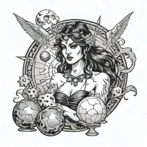 A dark and haunting depiction of Morrigan as a goddess of fate, with elements of tarot cards and crystal balls in the background tattoo design idea