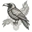 Design a tattoo showcasing the Crow Morrigan in a dotwork style, surrounded by symbols of power and wisdom from various mythologies tattoo design idea