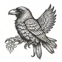 Design a tattoo showcasing the Crow Morrigan in a dotwork style, surrounded by symbols of power and wisdom from various mythologies tattoo design idea