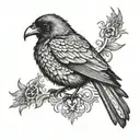 Design a tattoo showcasing the Crow Morrigan in a dotwork style, surrounded by symbols of power and wisdom from various mythologies tattoo design idea