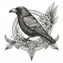 Design a tattoo showcasing the Crow Morrigan in a dotwork style, surrounded by symbols of power and wisdom from various mythologies tattoo design idea