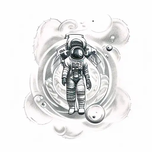 A sketch-style tattoo of an astronaut floating among swirling nebulae and encountering alien lifeforms tattoo design idea