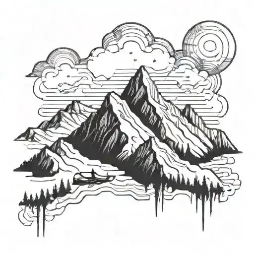 A mountain range with a hidden airplane flying through the peaks tattoo design idea