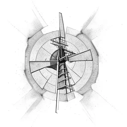 Concrete windmill dutch style with red blades. Colorful glass shards are ingrained in the windmill tattoo design idea