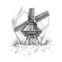 Concrete windmill dutch style with red blades. Colorful glass shards are ingrained in the windmill tattoo design idea