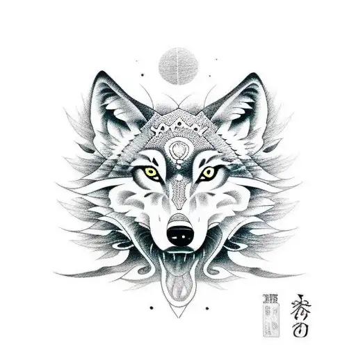 A surrealistic musical composition incorporating elements of a wolf, created in dotwork style tattoo design idea