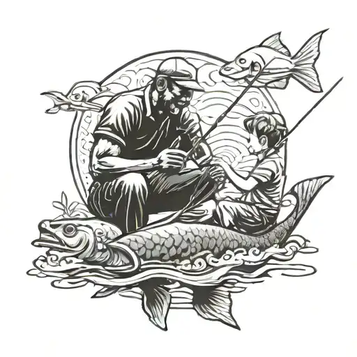 Black dad with his son fishing tattoo design idea