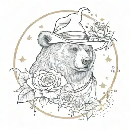 bear with with a witch hat and a necklace of roses. stars in the background with the astrological signs of Taurus and le tattoo design idea