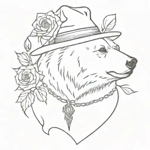 bear with with a witch hat and a necklace of roses tattoo design idea