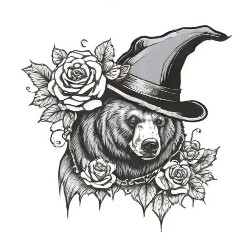 bear with with a witch hat and a necklace of roses tattoo design idea