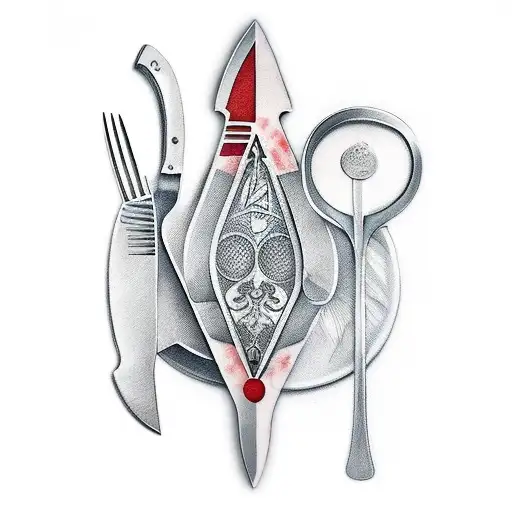 Chef's knife and spatula crossed like swords with video game controller handles tattoo design idea